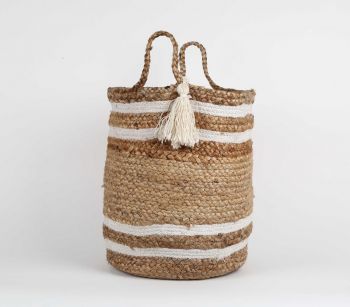 Handmade Jute Storage Basket with White Stripes | Natural