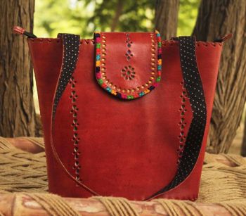 Hand Stitched Kutch Craft Designer Leather Bag | Thread & Punch Work